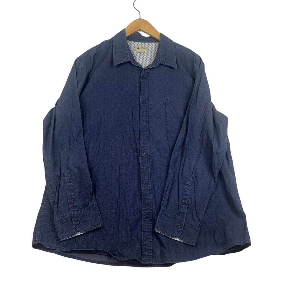 Haggar Mens XL Navy Blue Geometric Print Cotton Long Sleeve Button Up Shirt